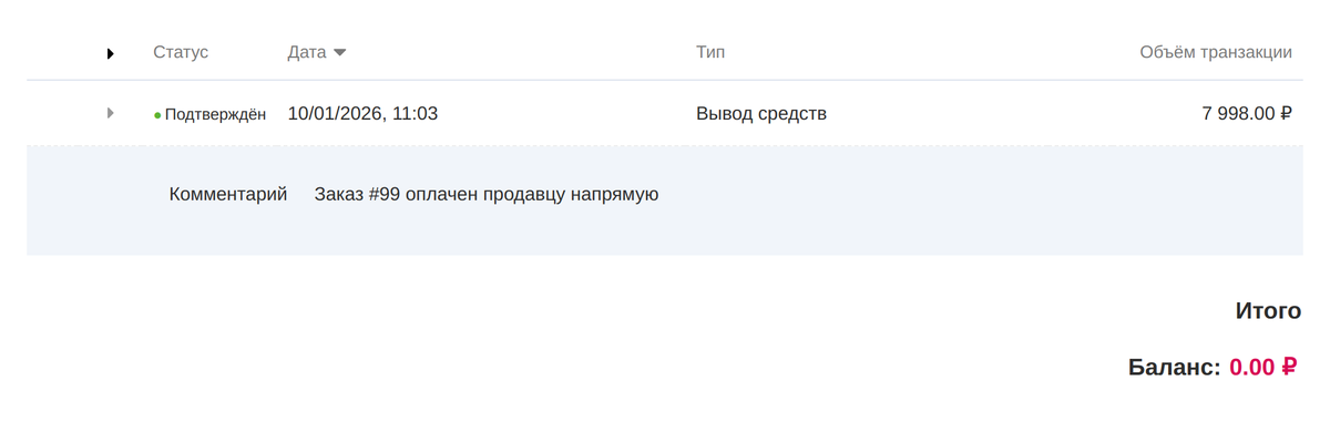Учёт продавца: заказ #99 оплачен продавцу напрямую — вывод средств 7 998 ₽, баланс 0.