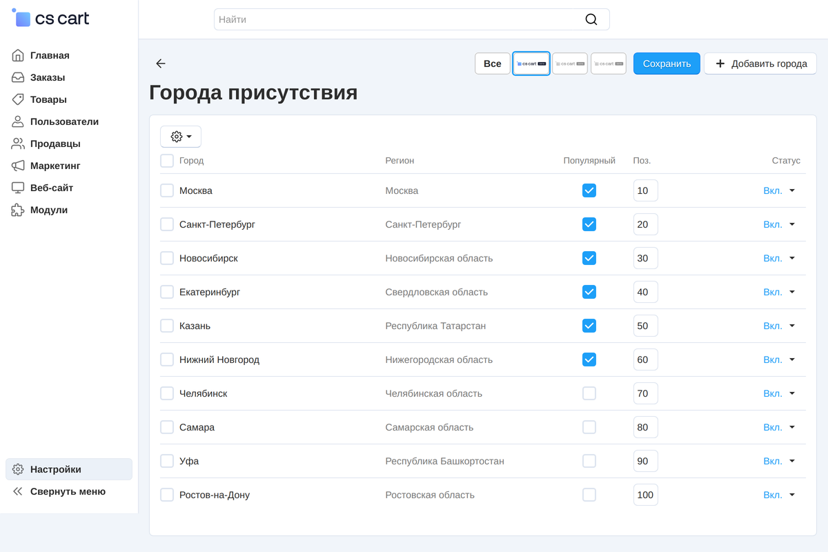 Раздел «Города присутствия»: список витрины с регионами, популярными и позициями.