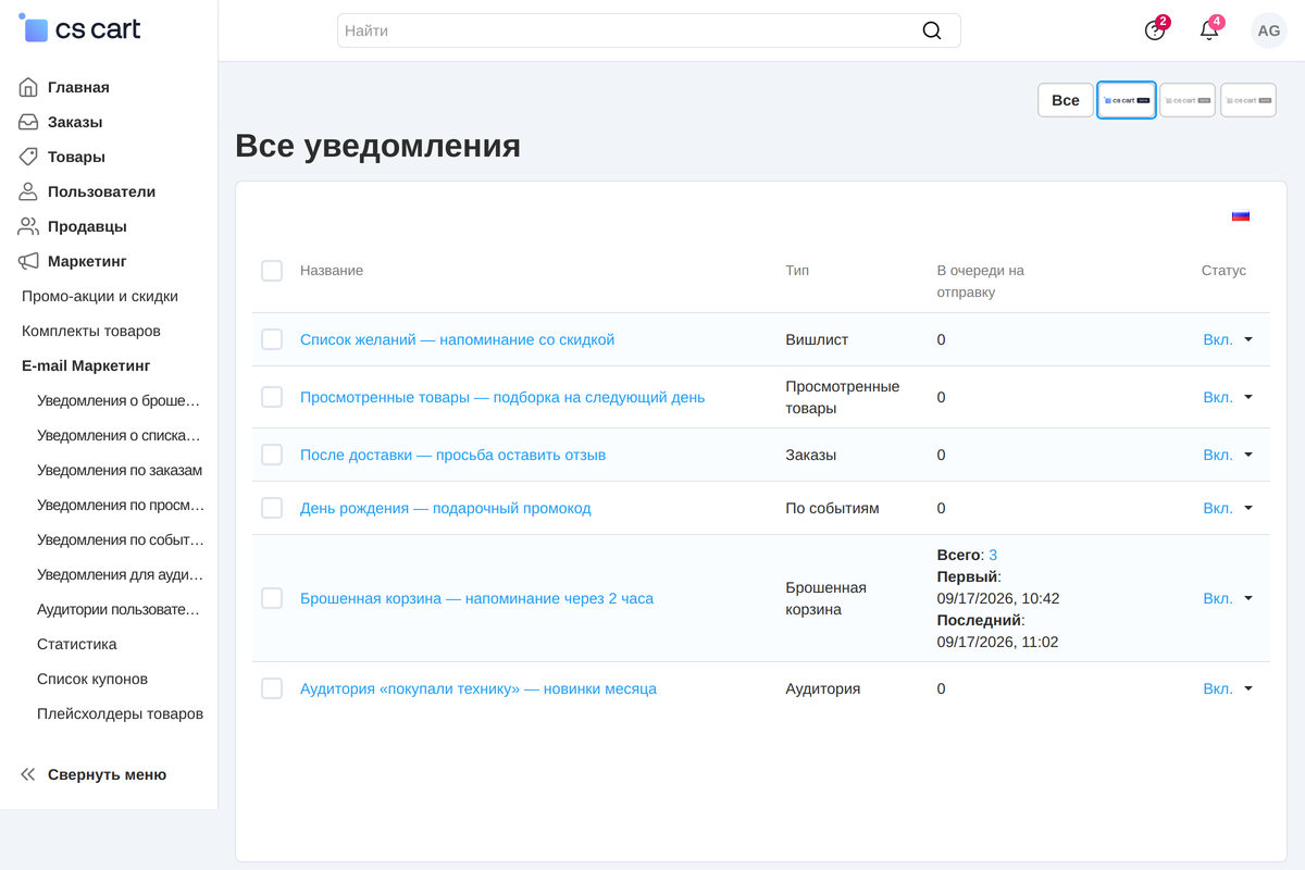 Все рассылки магазина в одном списке: тип, состояние и сколько писем ждёт отправки.