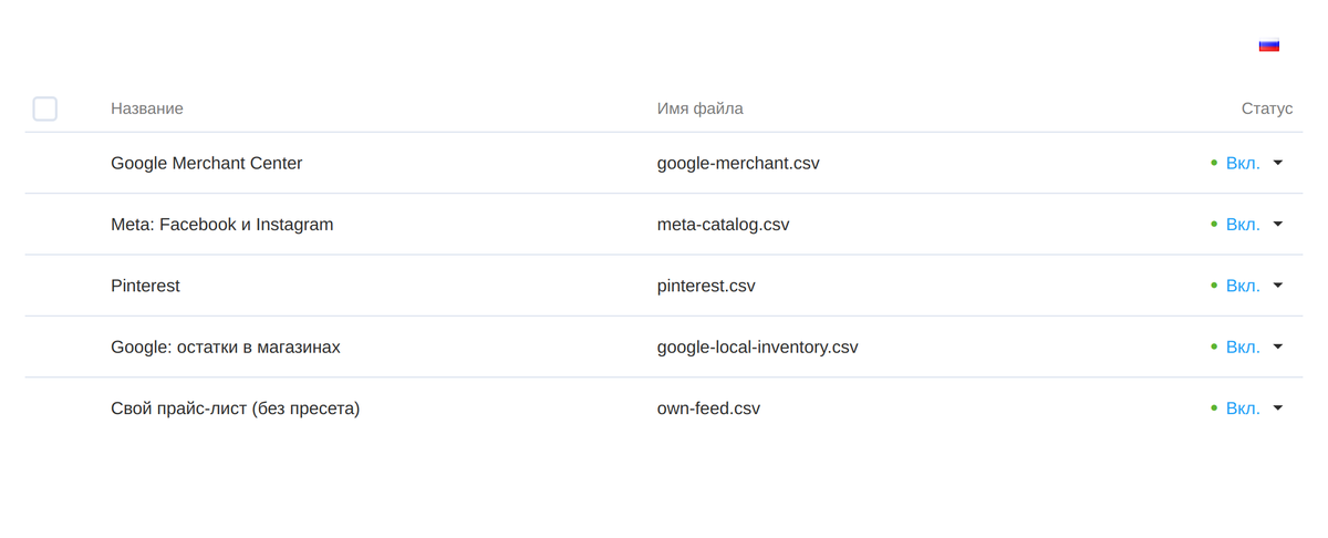 Пять прайс-листов демо-стенда: Google Merchant Center, Meta, Pinterest, остатки в магазинах Google и свой прайс-лист без пресета, у каждого своё имя файла.