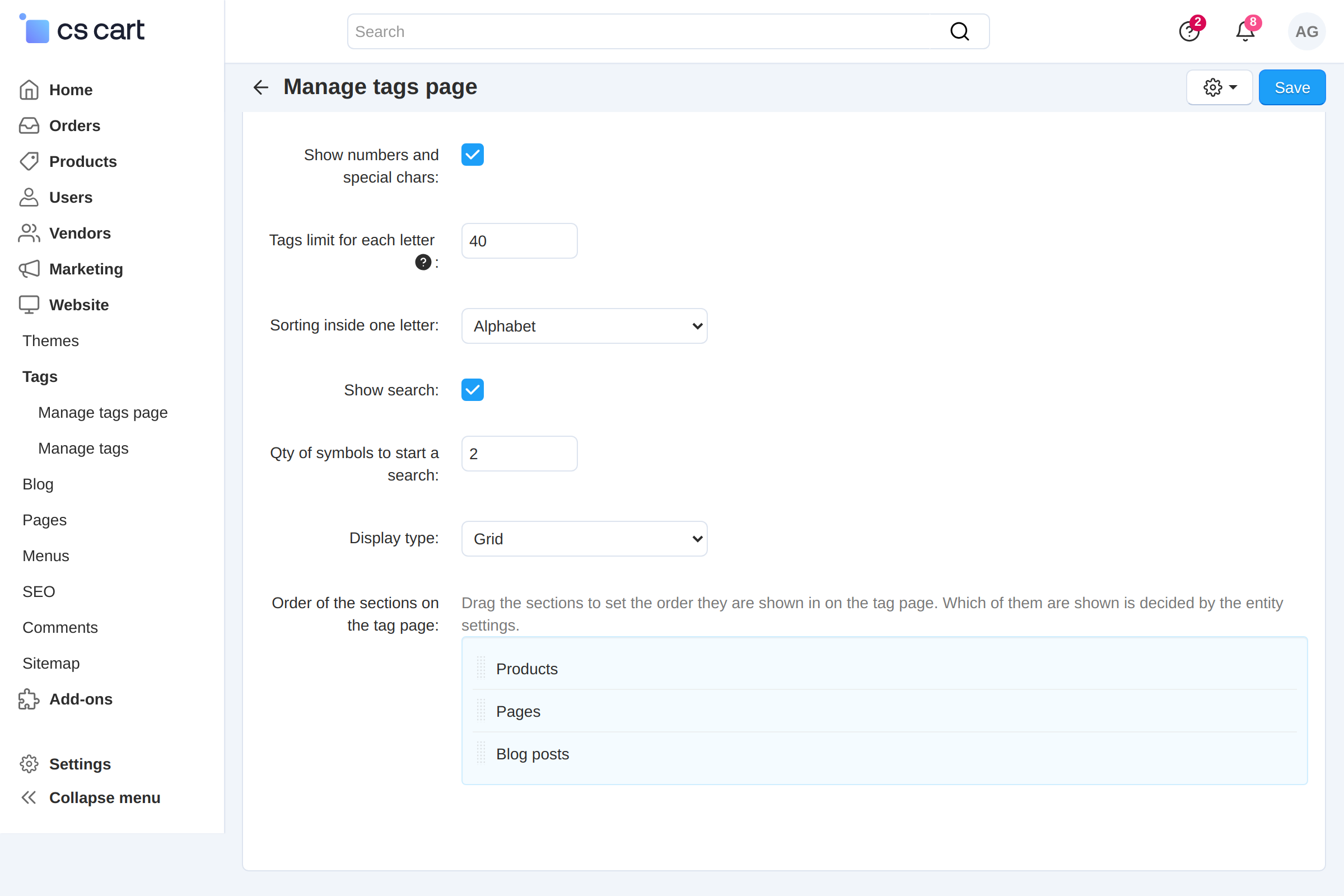 Order of sections on the tag page