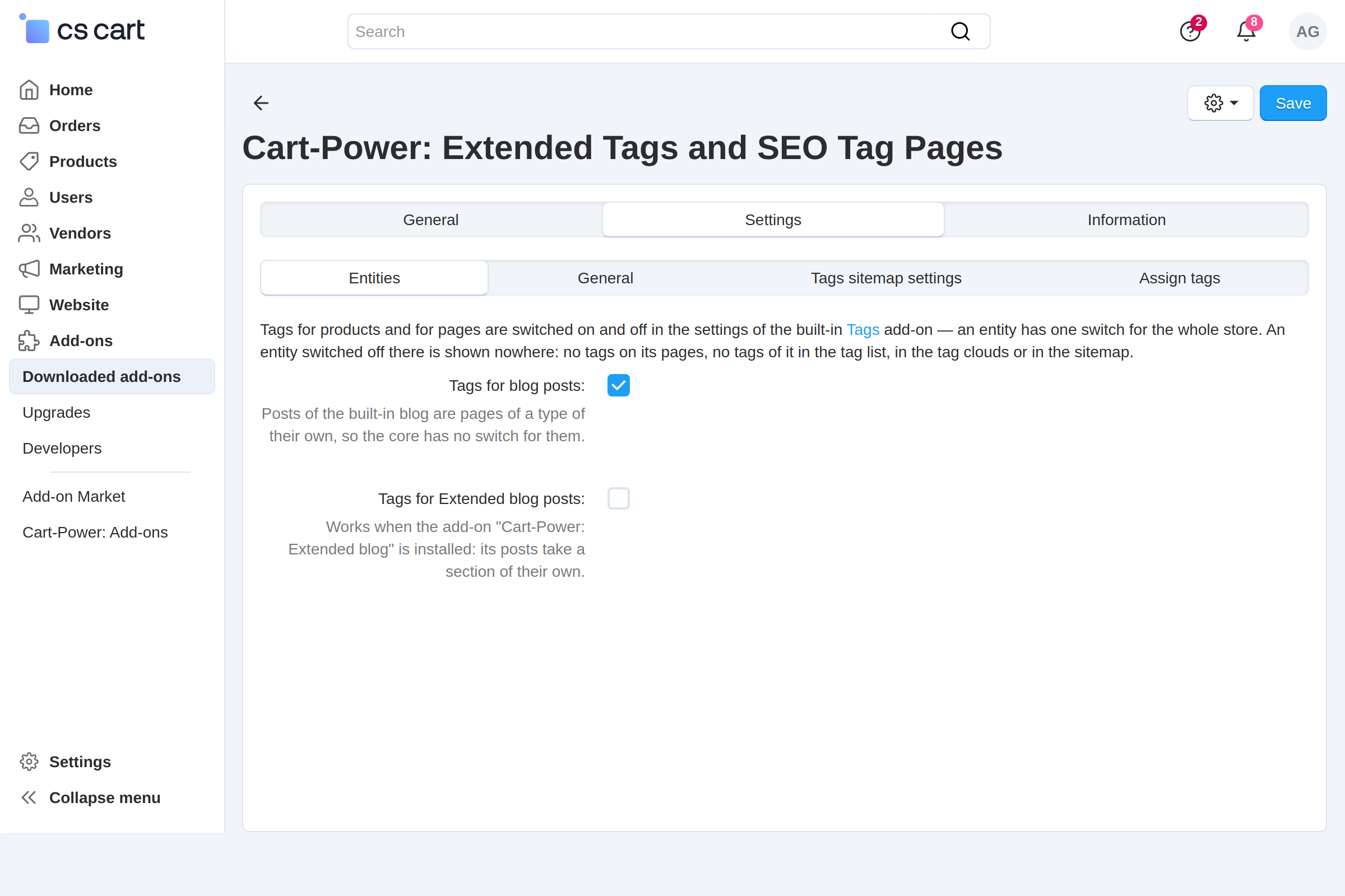 Add-on settings: which entities use tags