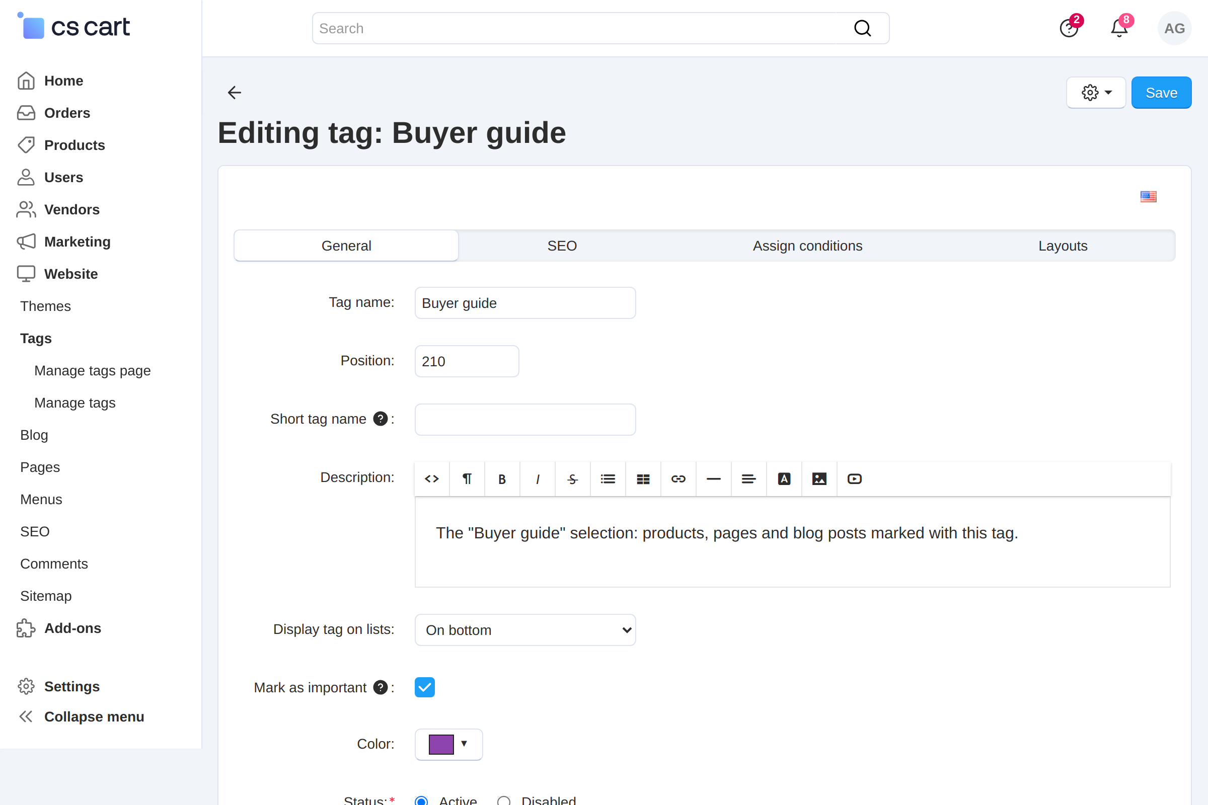 Tag card in the admin panel