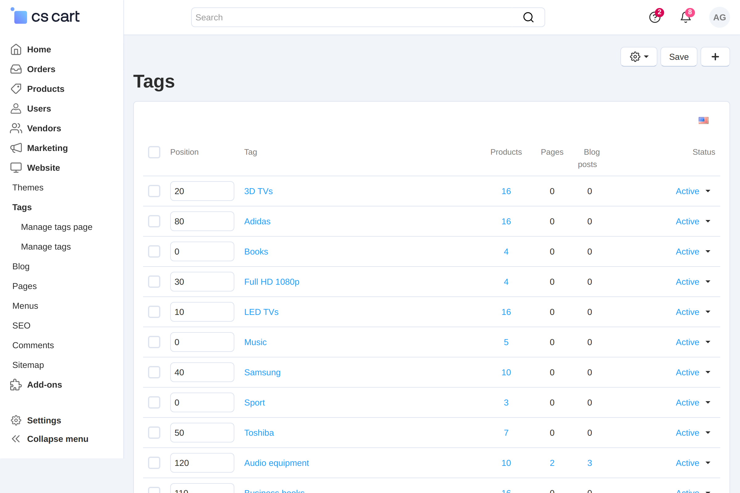 Tag list with per-type counters