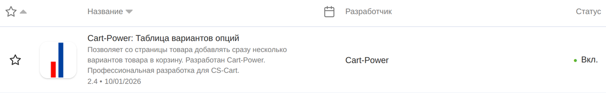 Модуль в списке модулей панели управления.