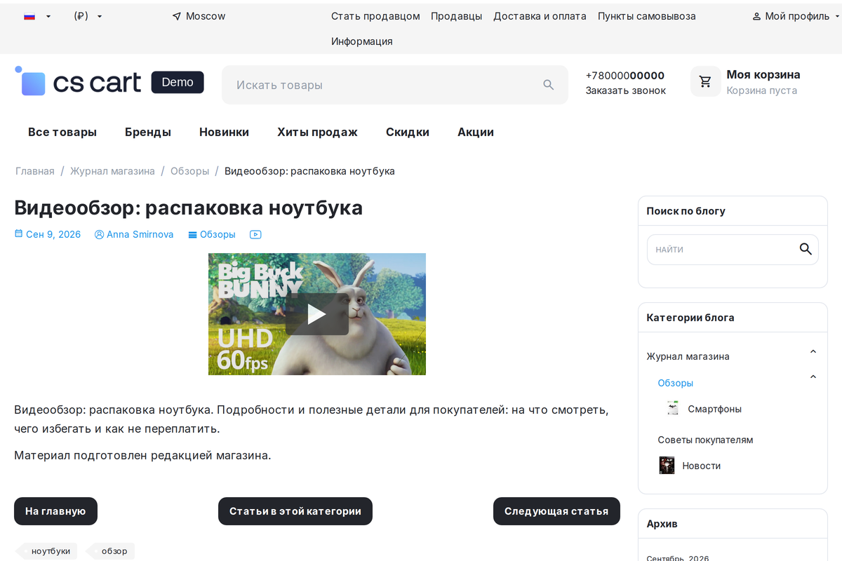 Видеостатья: обложка и плеер, ролик загружается по нажатию.