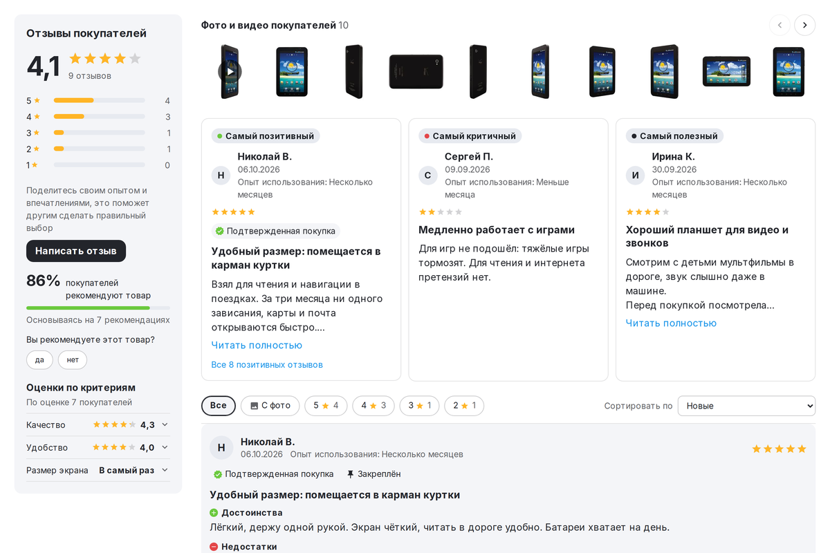 Отзывы в карточке товара: сводка с распределением по звёздам, лента фото и видео покупателей, отзывы.
