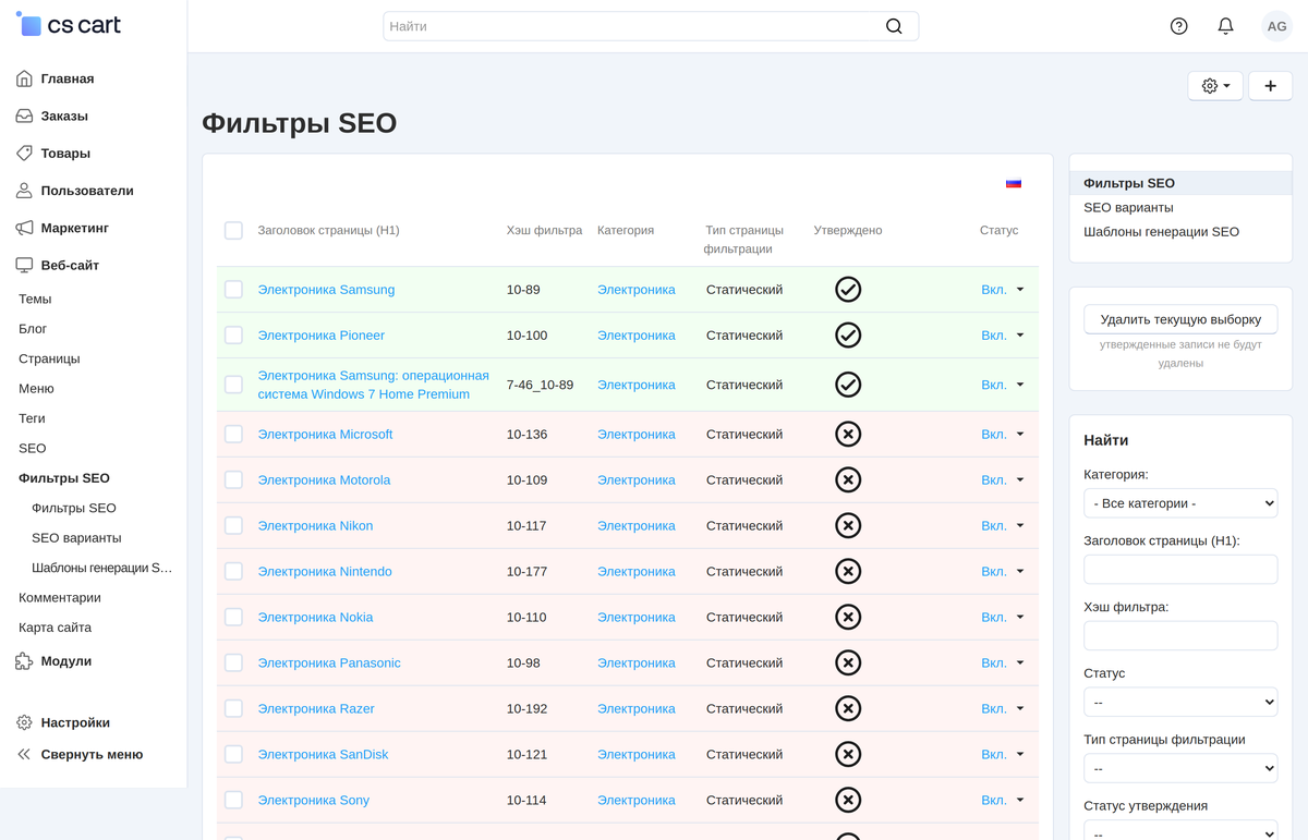Список «Фильтры SEO»: утверждённые страницы — зелёные строки, созданные шаблоном и ждущие проверки — розовые.