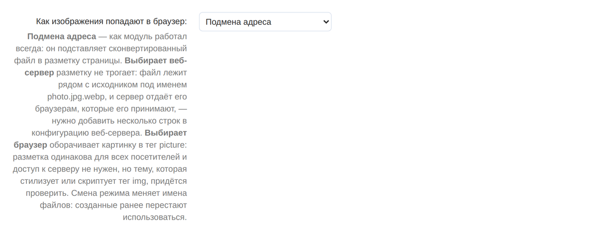 Настройка «Как изображения попадают в браузер»: подмена адреса, тег picture или выбор веб-сервером.